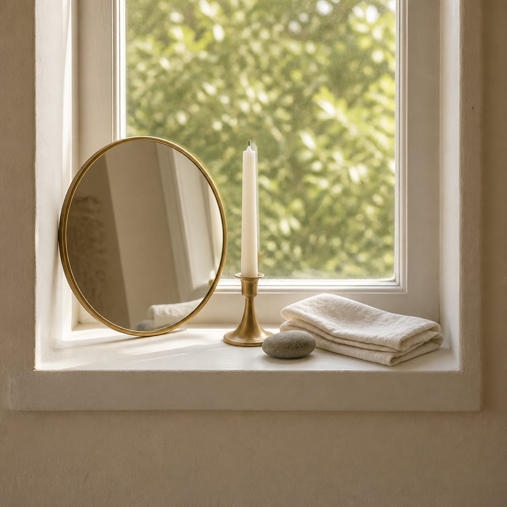 Window sill altar with stone, candle, and mirror