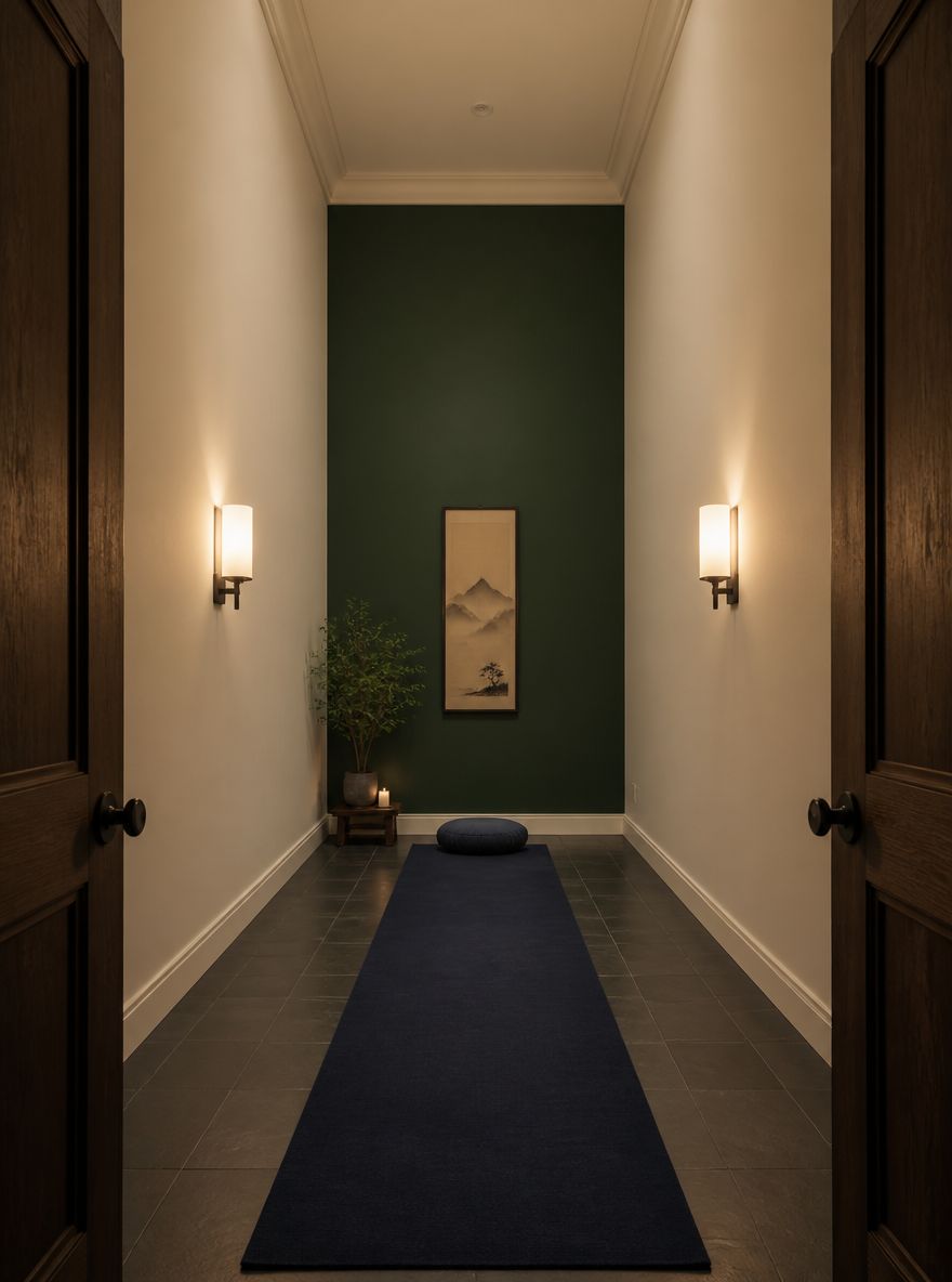 Indigo runner mat toward deep green far wall