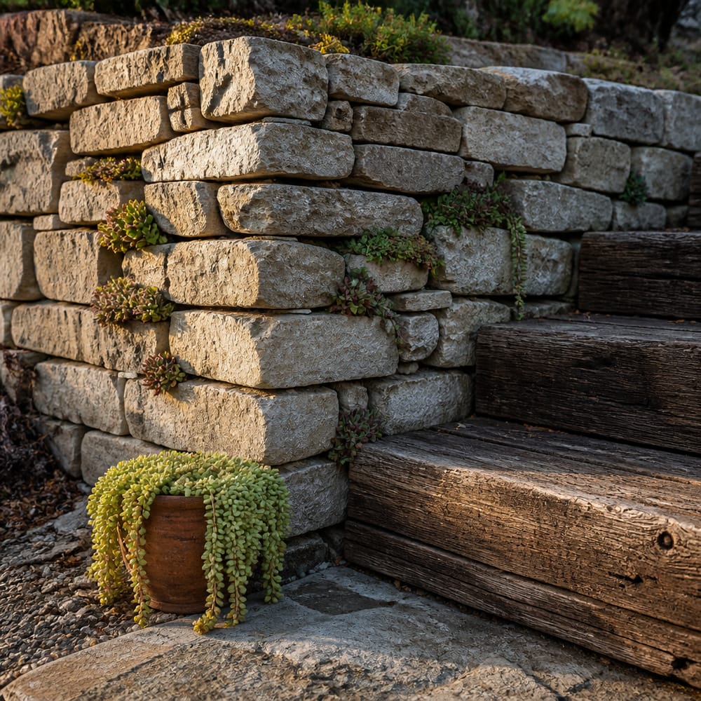 Succulente inserite nelle fessure del muro di contenimento in calcare