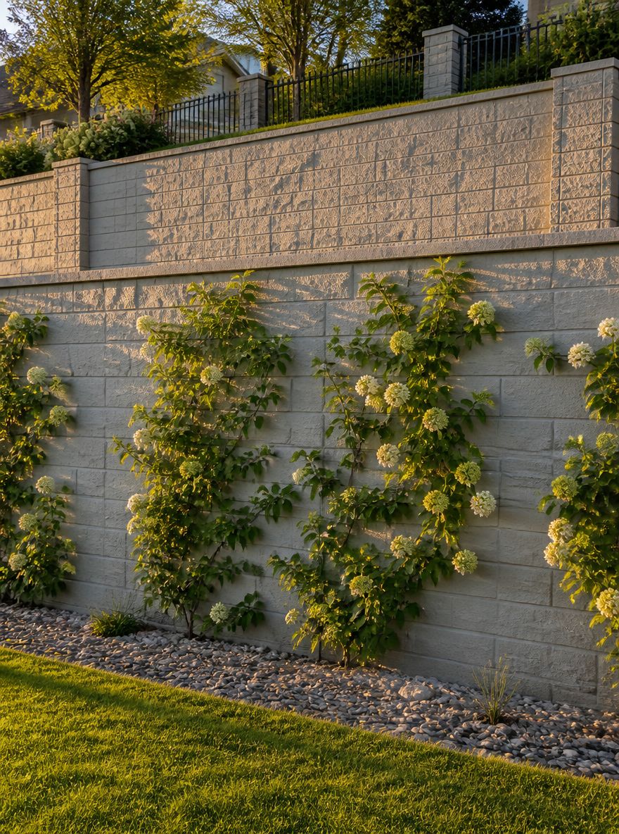Muro di contenimento in blocchi verniciati con ortensie rampicanti