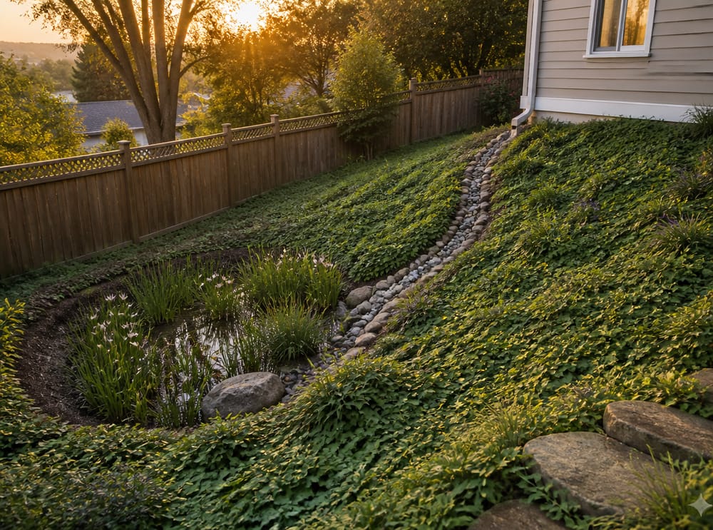 Vasca per giardino pioggia alla base della pendenza