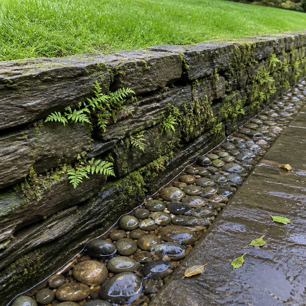 Canale di scolo in ciottoli alla base del muro di contenimento