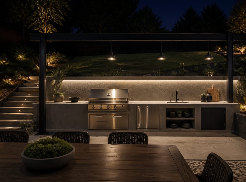 Barbecue integrato lungo un muro di contenimento illuminato di notte