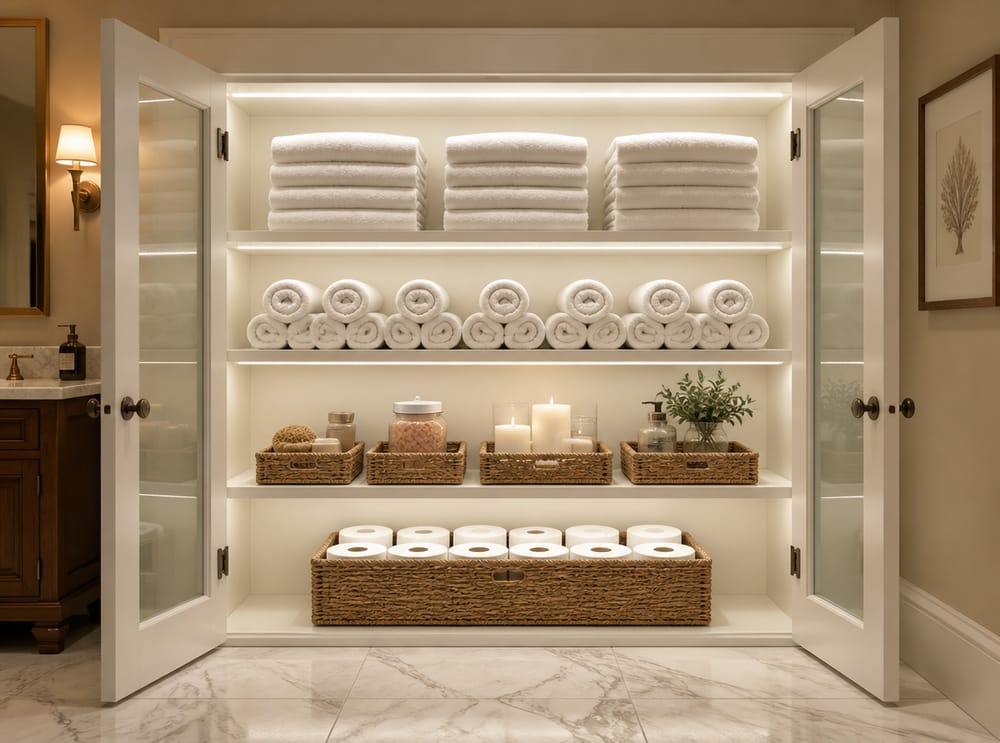 Armario con puertas de vidrio y toallas enrolladas tipo spa