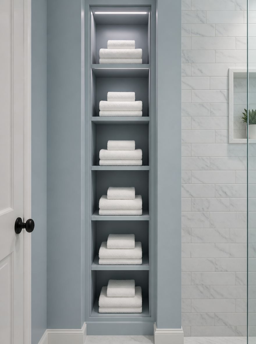 Nichos empotrados de baño con seis estantes para toallas
