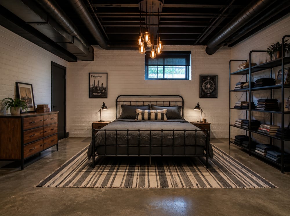 Condotti neri opachi e letto in metallo, stile industriale