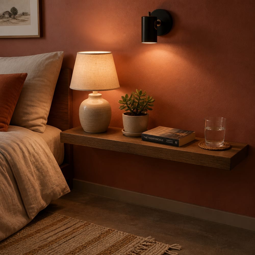 Comodino a mensola, lampada in ceramica, parete terracotta