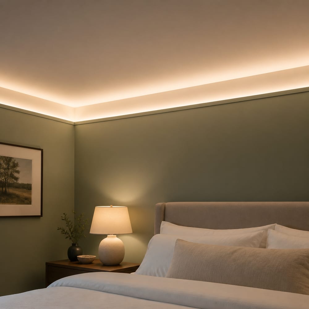 Striscia LED a gola sul soffitto bianco, luce calda a strati