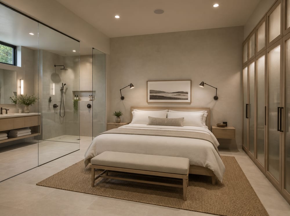 Letto in rovere sbiancato, armadio satinato, divisorio in vetro sull’en-suite