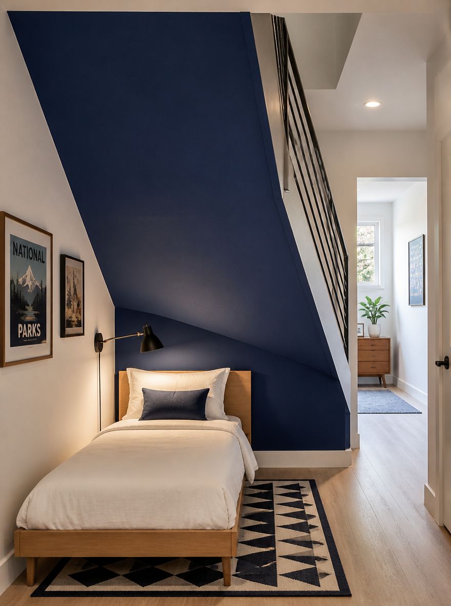Letto sotto al vano scala dipinto blu cobalto