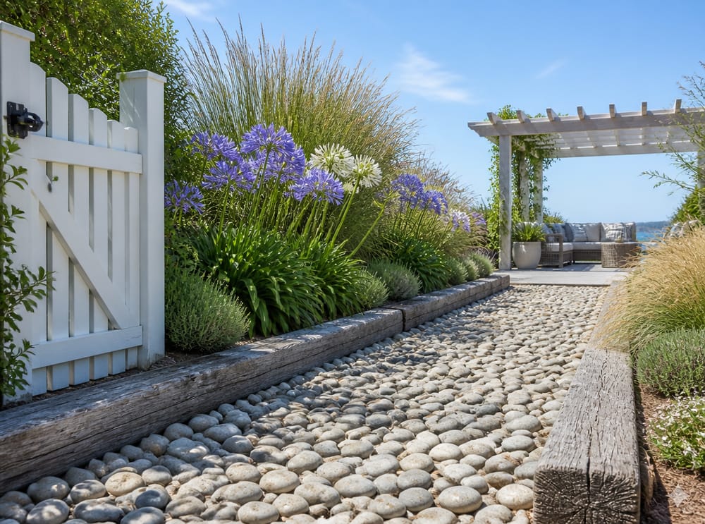 Camino de canto rodado conducente a una pérgola junto al mar