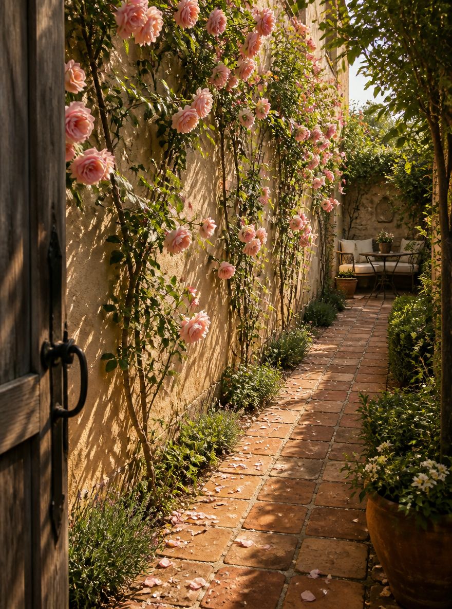 Sendero de baldosas de terracota junto a una pared cubierta de rosas