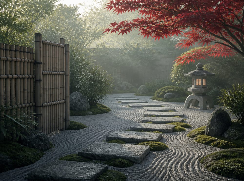 Piedras rectangulares con arena rastrillada, estilo japonés
