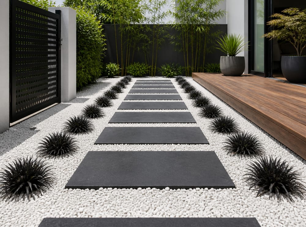 Piedras de basalto oscuro en grava de cuarzo blanco, jardín moderno
