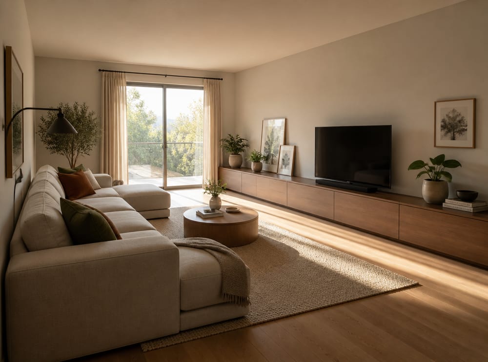 TV decentrata condivide la parete con elementi d’arte
