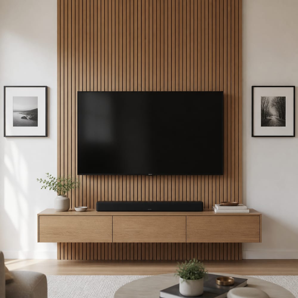 Pannello in rovere scanalato incornicia lo schermo con discrezione