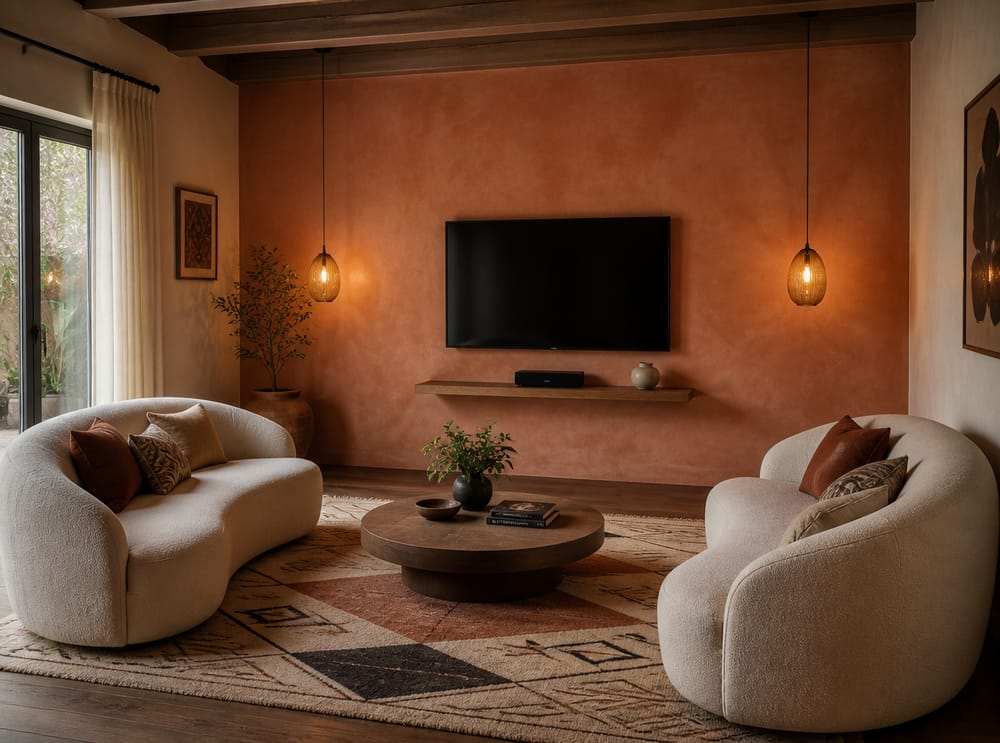 Parete in terracotta lavata a calce ospita un supporto minimale