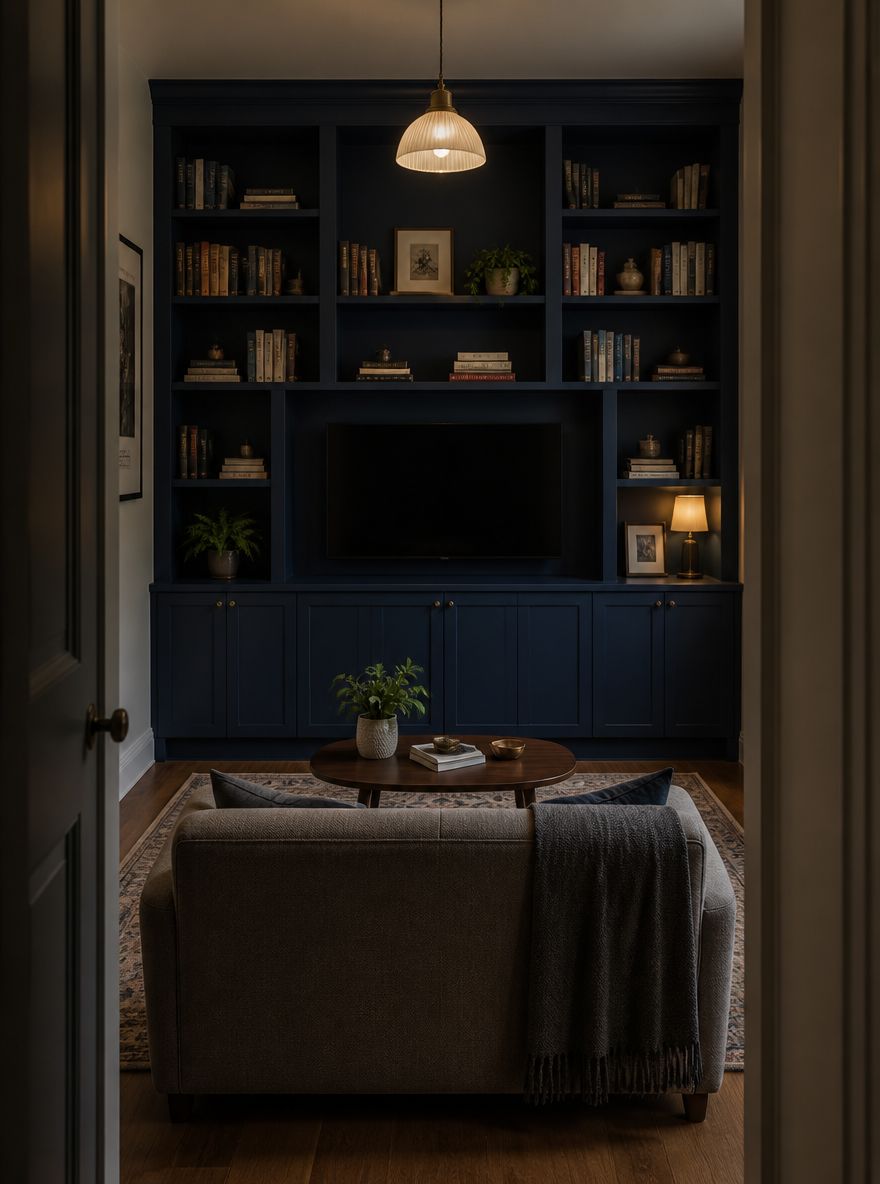 Parete attrezzata blu navy fa sparire lo schermo