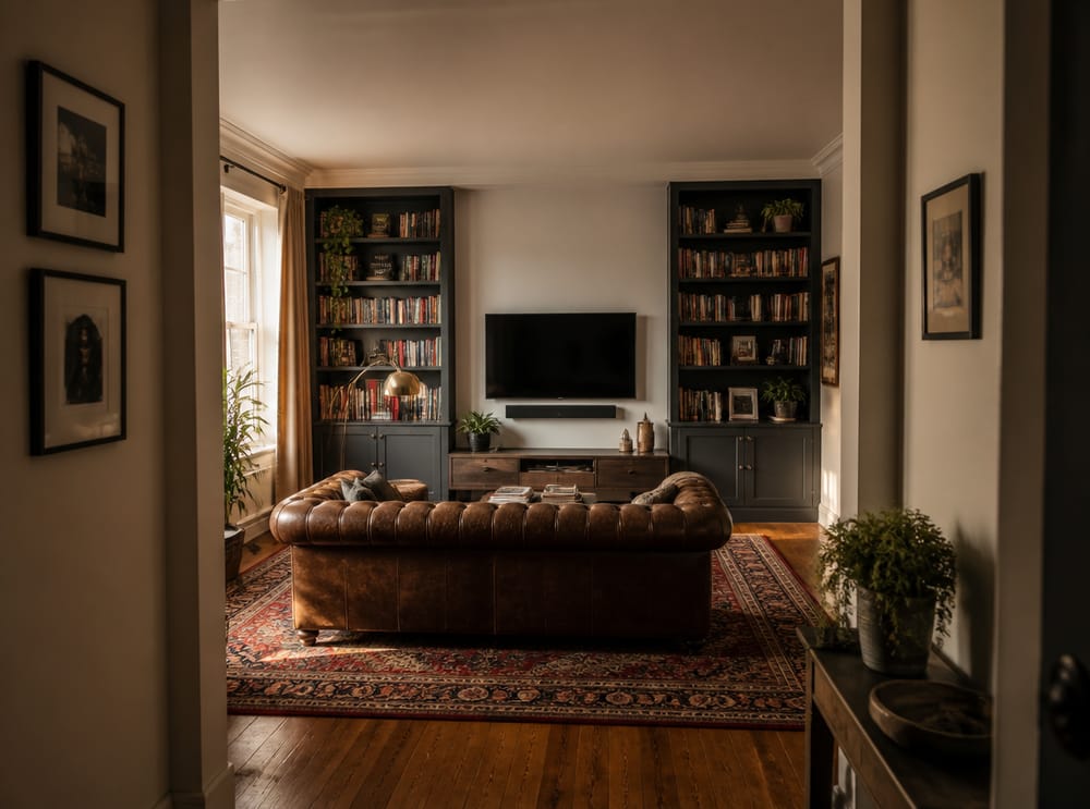 Librerie fitte sovrastano lo schermo montato