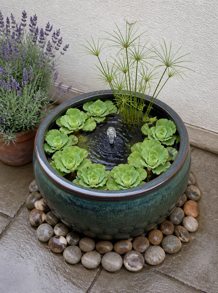 Laghetto in contenitore ceramico smaltato sul patio