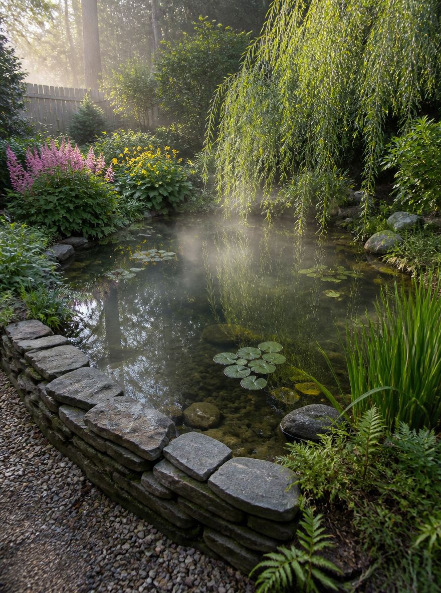 Laghetto in giardino inclinato con piantagione di palude