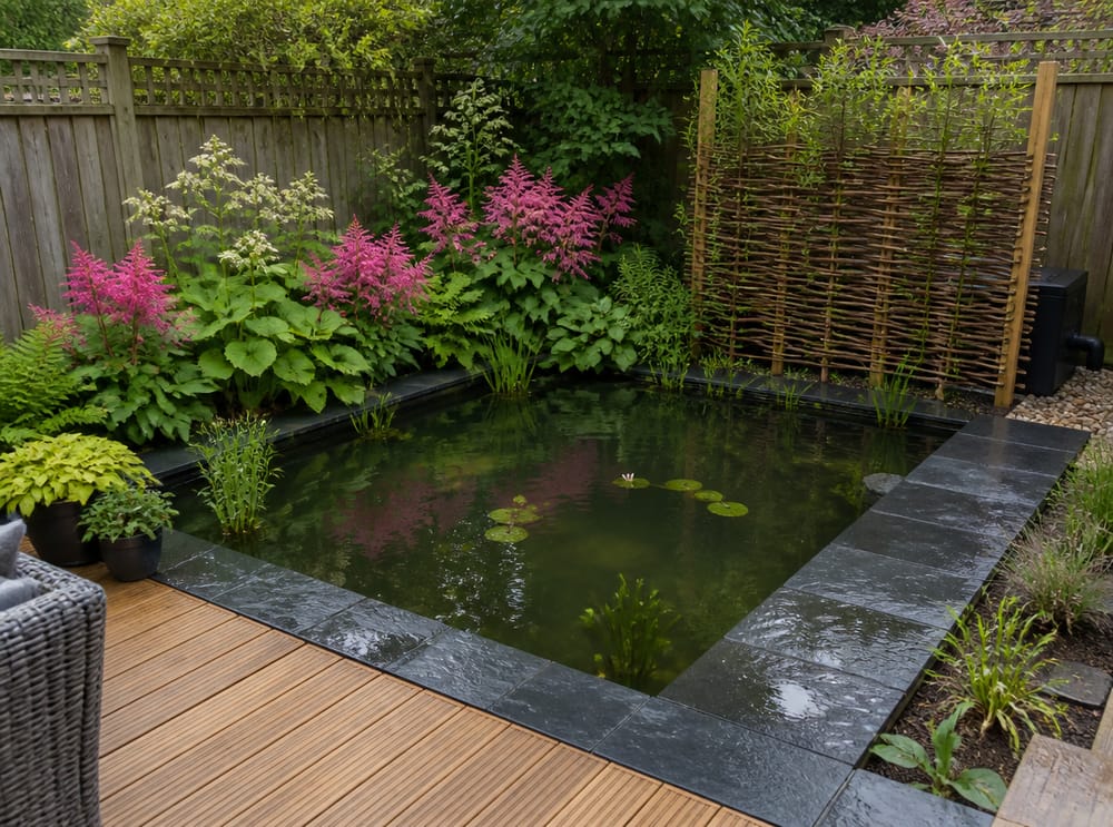 Bordo di giardino paludoso con astilbe che incornicia il laghetto