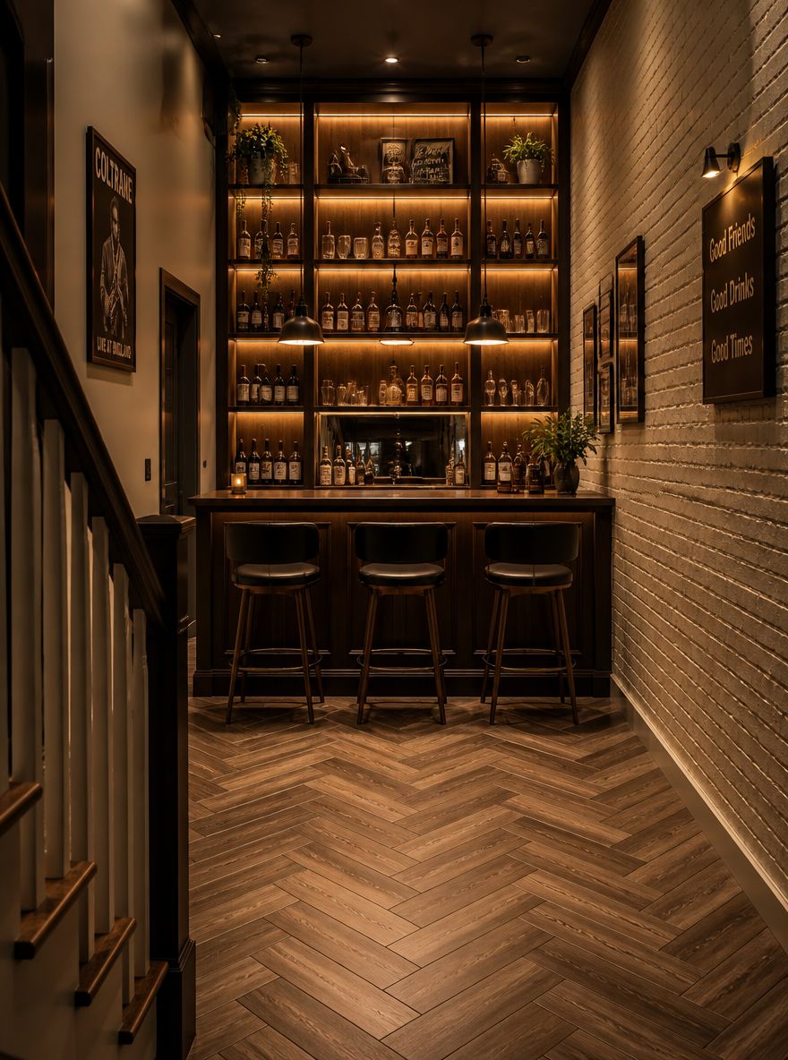 Home bar inserito nella parete di fondo della cantina