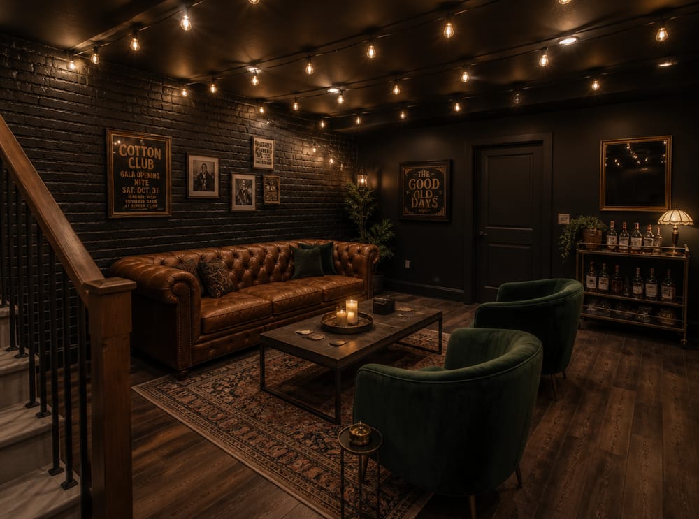 Lounge speakeasy con lampade Edison e divano in pelle