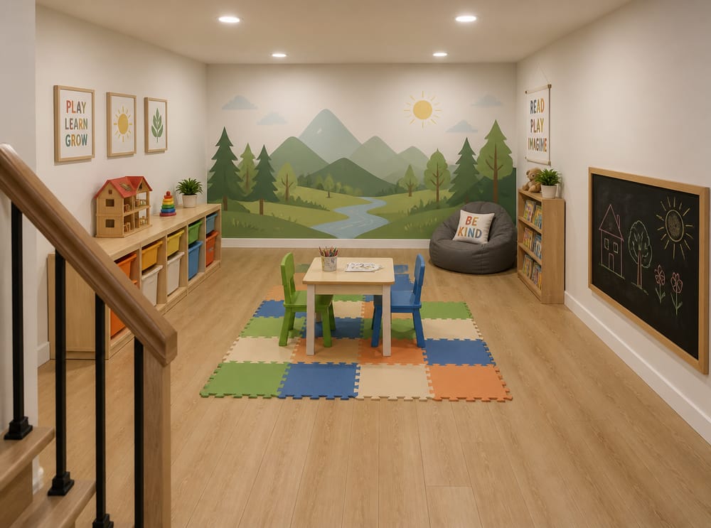 Sala giochi con parete murales e mobili bassi