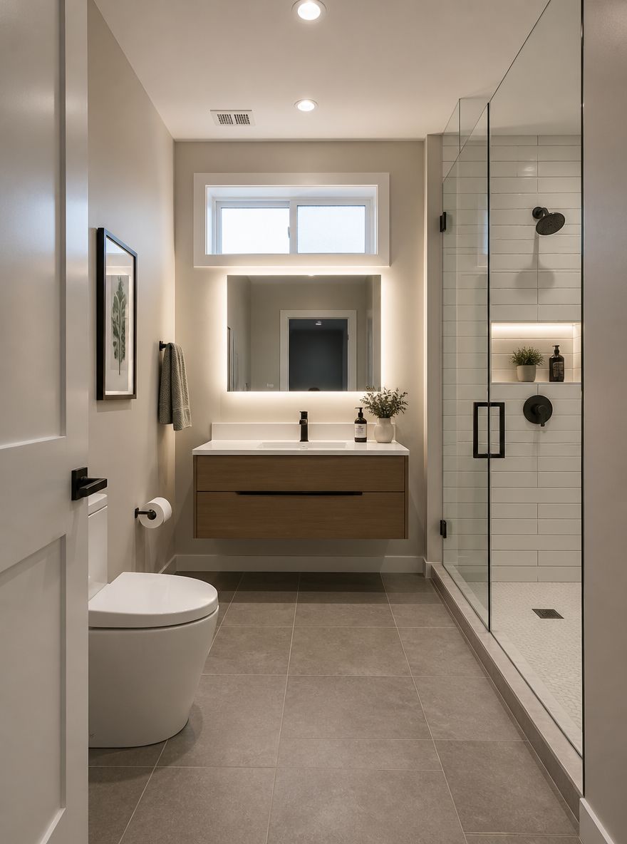 Bagno in cantina con lavabo sospeso e doccia senza cornice