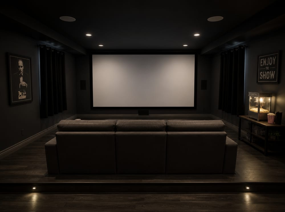 Home theater in cantina con schermo e sedute su pedana
