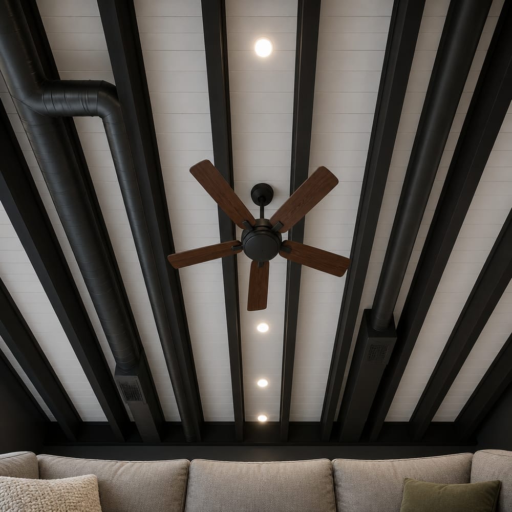 Soffitto con canaline a vista dipinto nero opaco