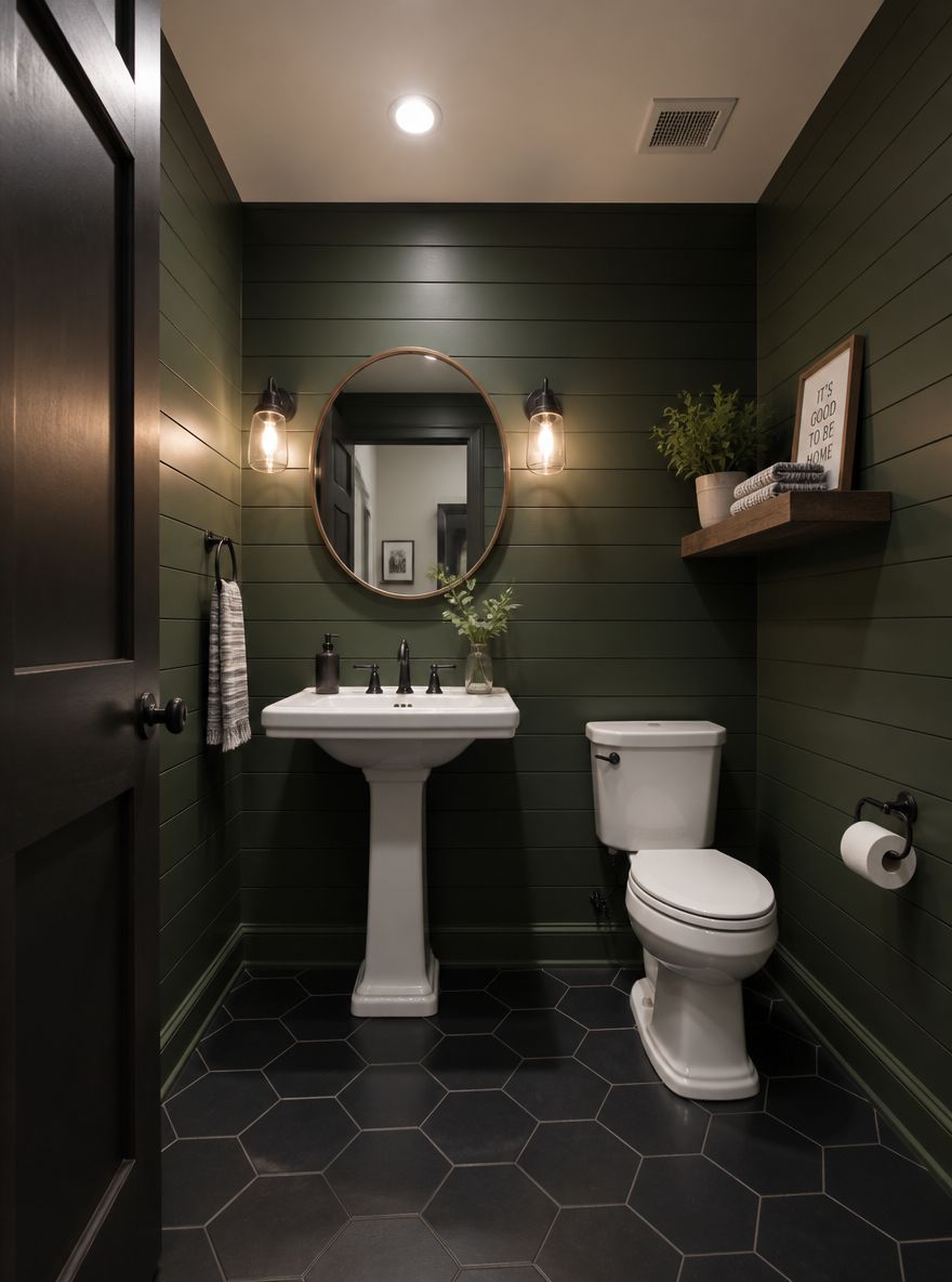 Bagno di servizio con pareti in perline verde bosco