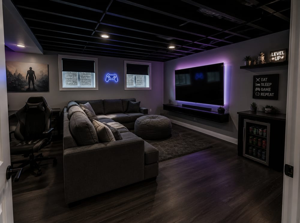 Spazio per ragazzi con postazione gaming e luci LED