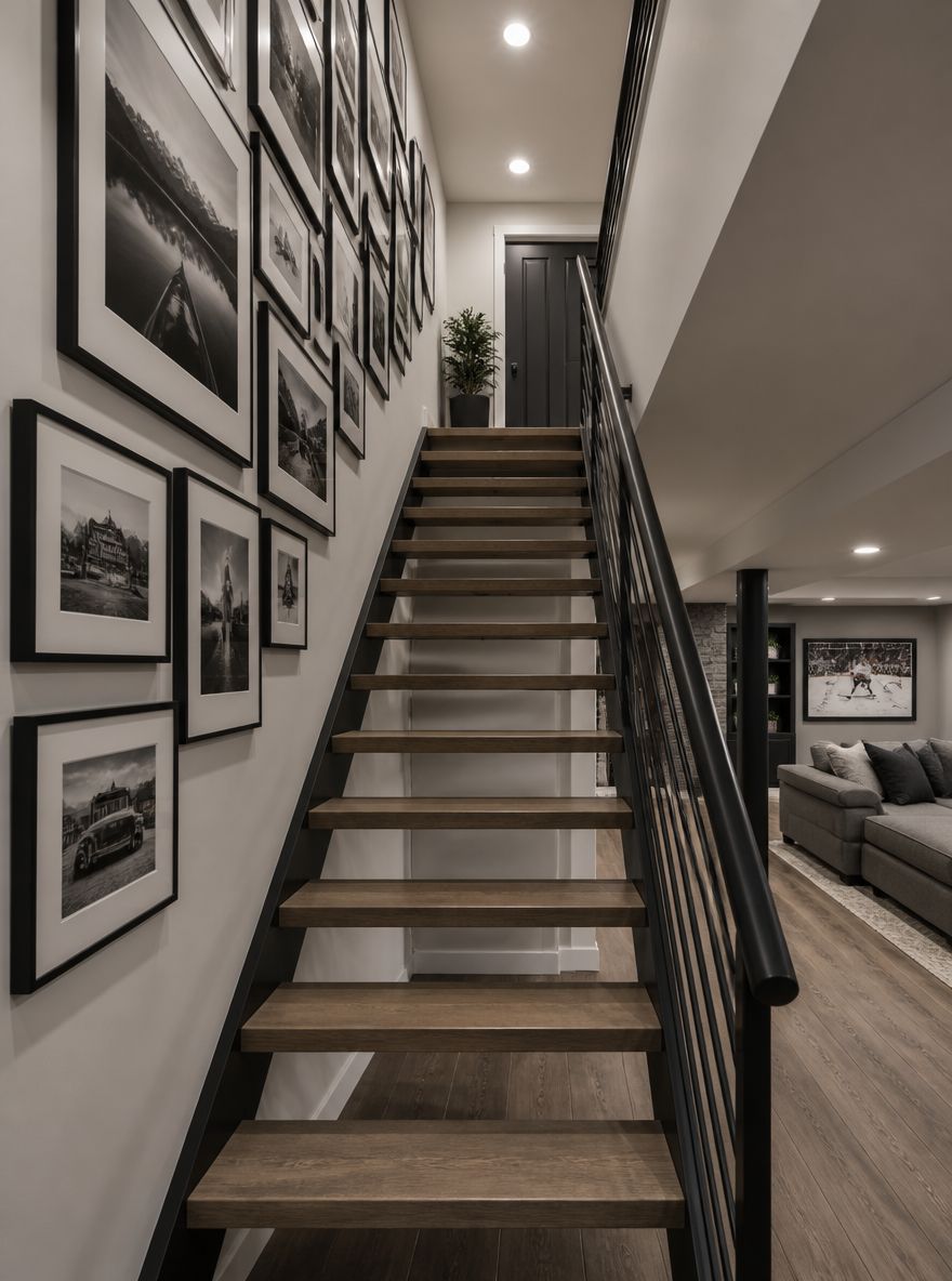 Scala aperta con parete gallery stile salone
