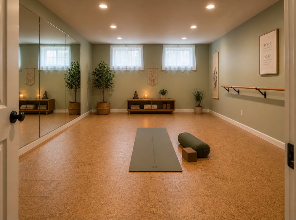 Studio yoga con pavimento in sughero e parete a specchio