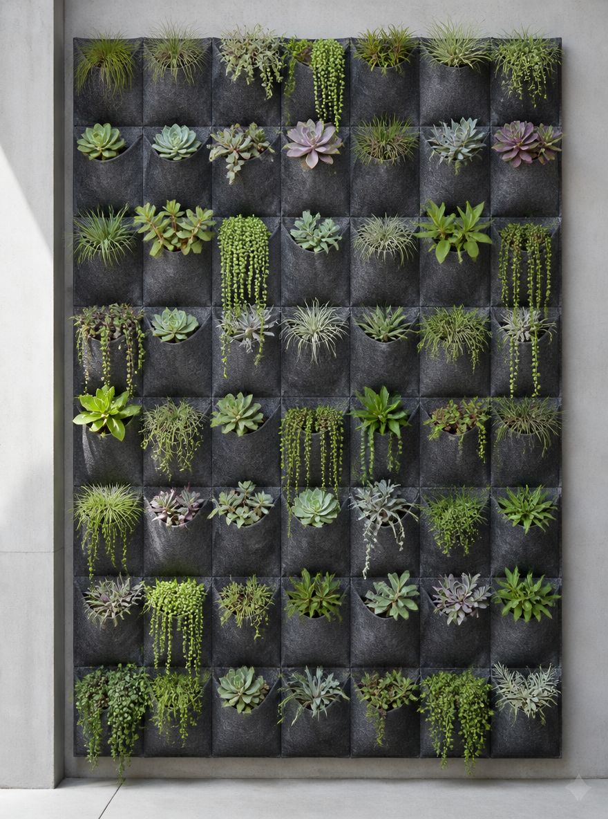 Malla de fieltro con suculentas y plantas aéreas