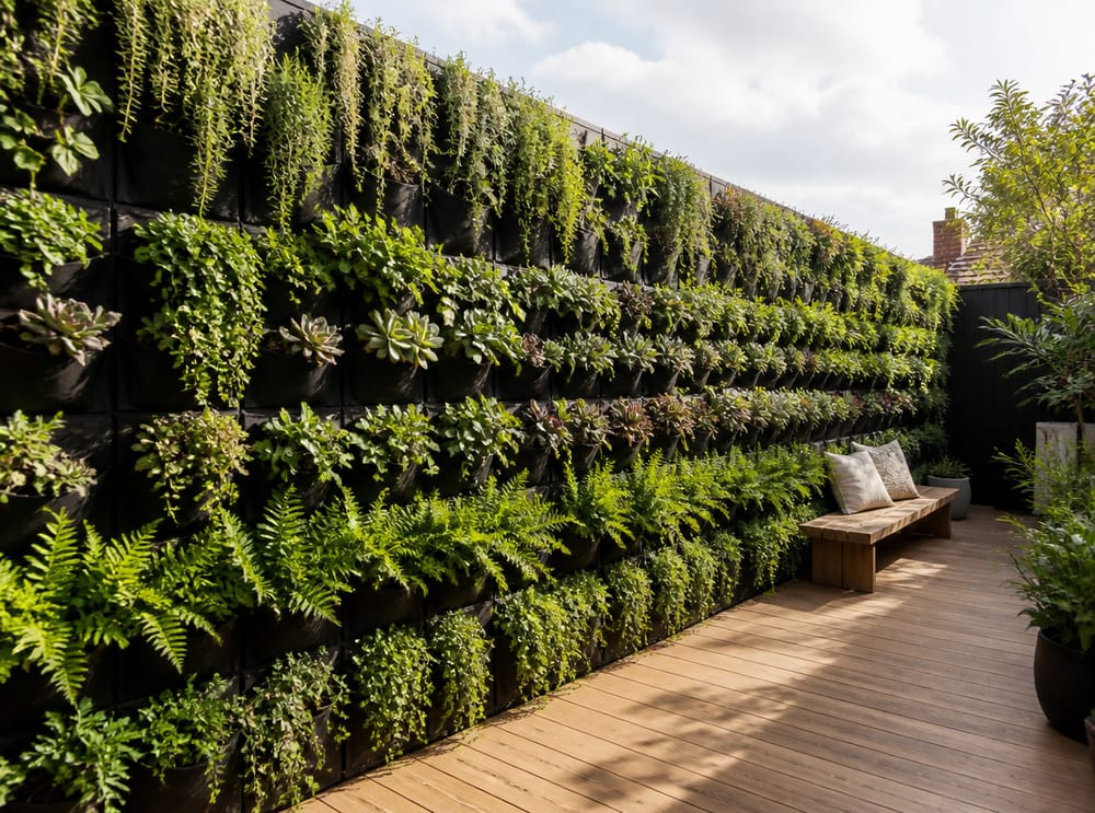 Paneles modulares de bolsillos cubriendo toda una pared de jardín