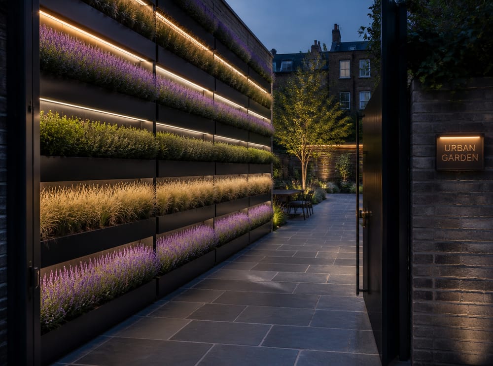 Filas modulares de jardineras de acero con luz LED, pared de jardín al atardecer