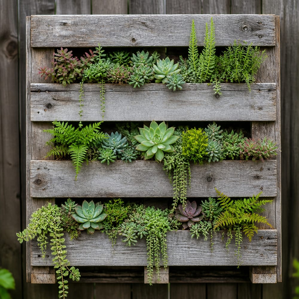 Palet reciclado plantado con sedum y suculentas colgantes