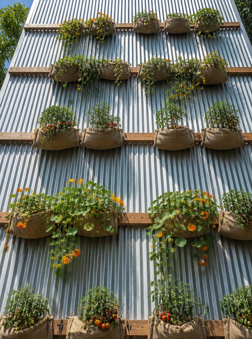 Jardineras de arpillera sobre listones de madera, pared de acero ondulado