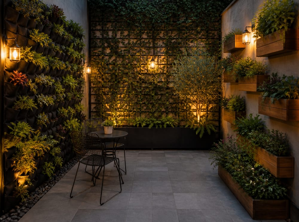 Patio de cuatro paredes con sistemas mixtos de jardinería vertical