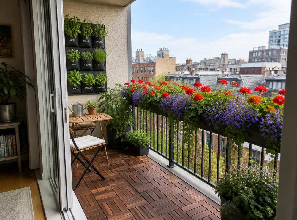 Jardineras de balcón y panel de bolsillos para hierbas con vista a la ciudad