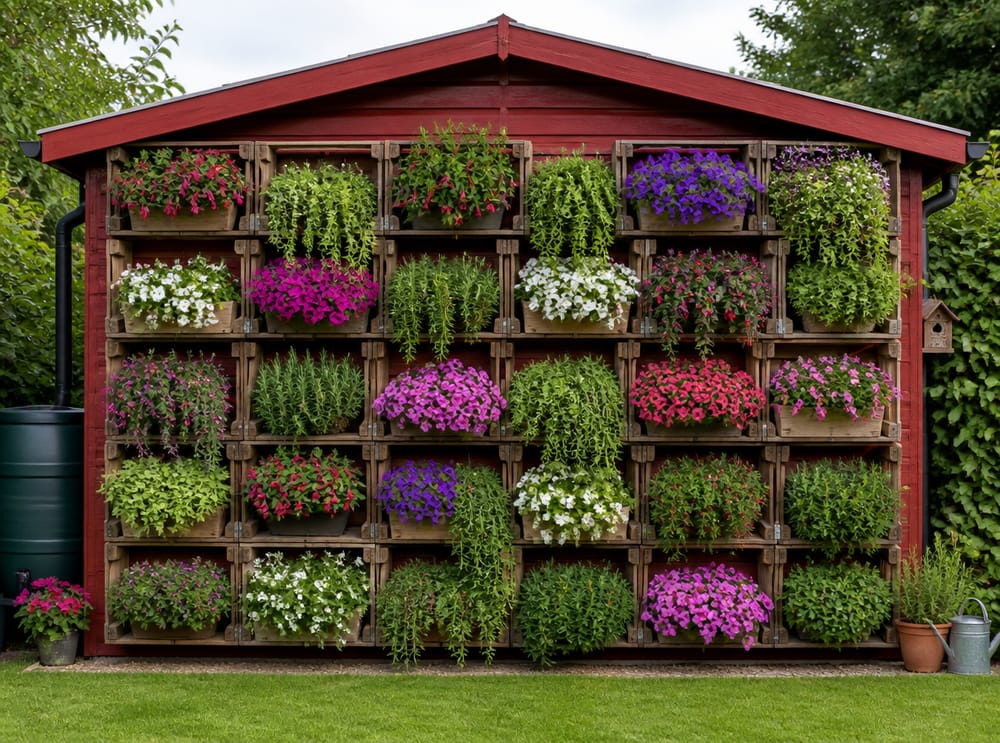 Cajas de madera reutilizadas apiladas como jardineras de pared
