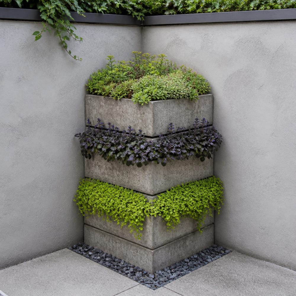 Aros de concreto apilados como jardineras en un rincón revestido