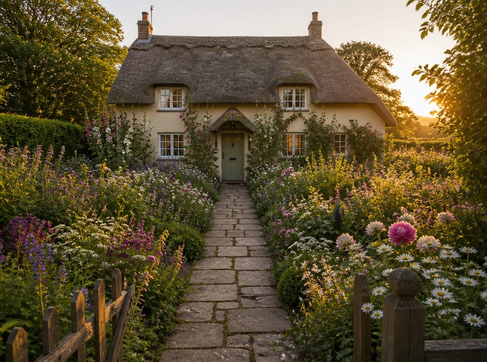 Alte malve accanto all'ingresso del cottage dal tetto in paglia