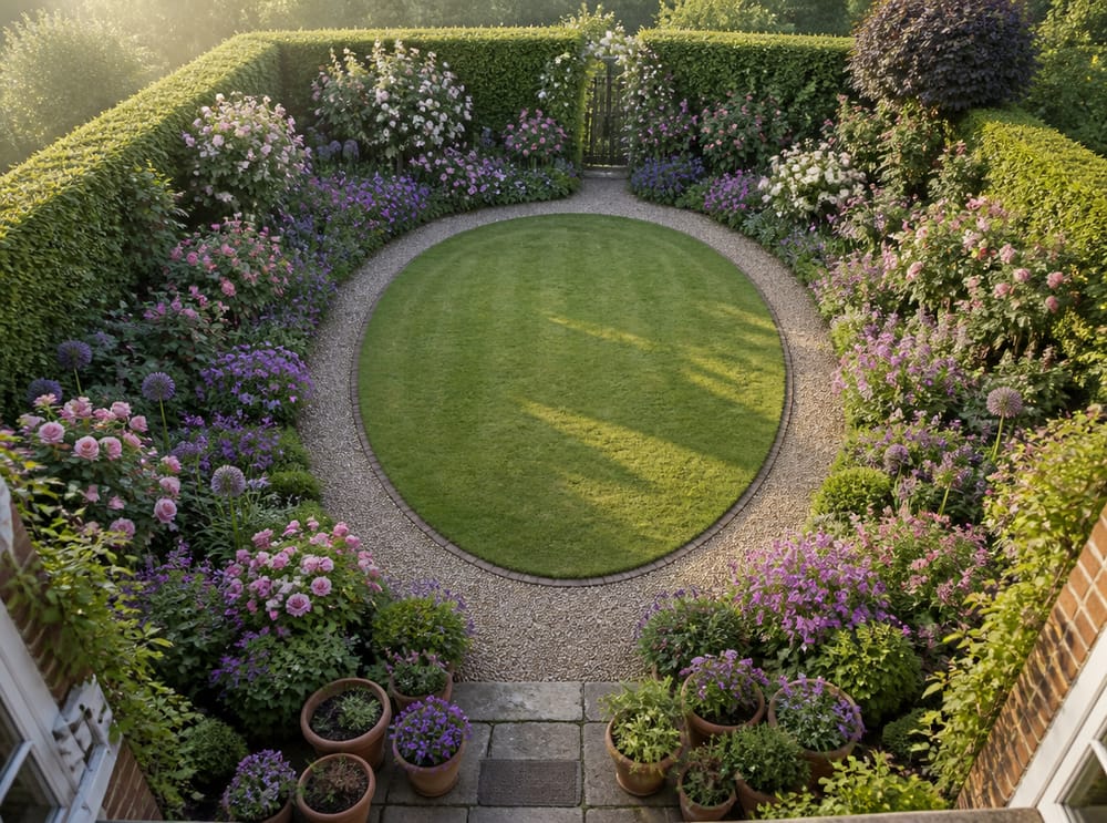 Vista dall'alto del giardino, prato ovale