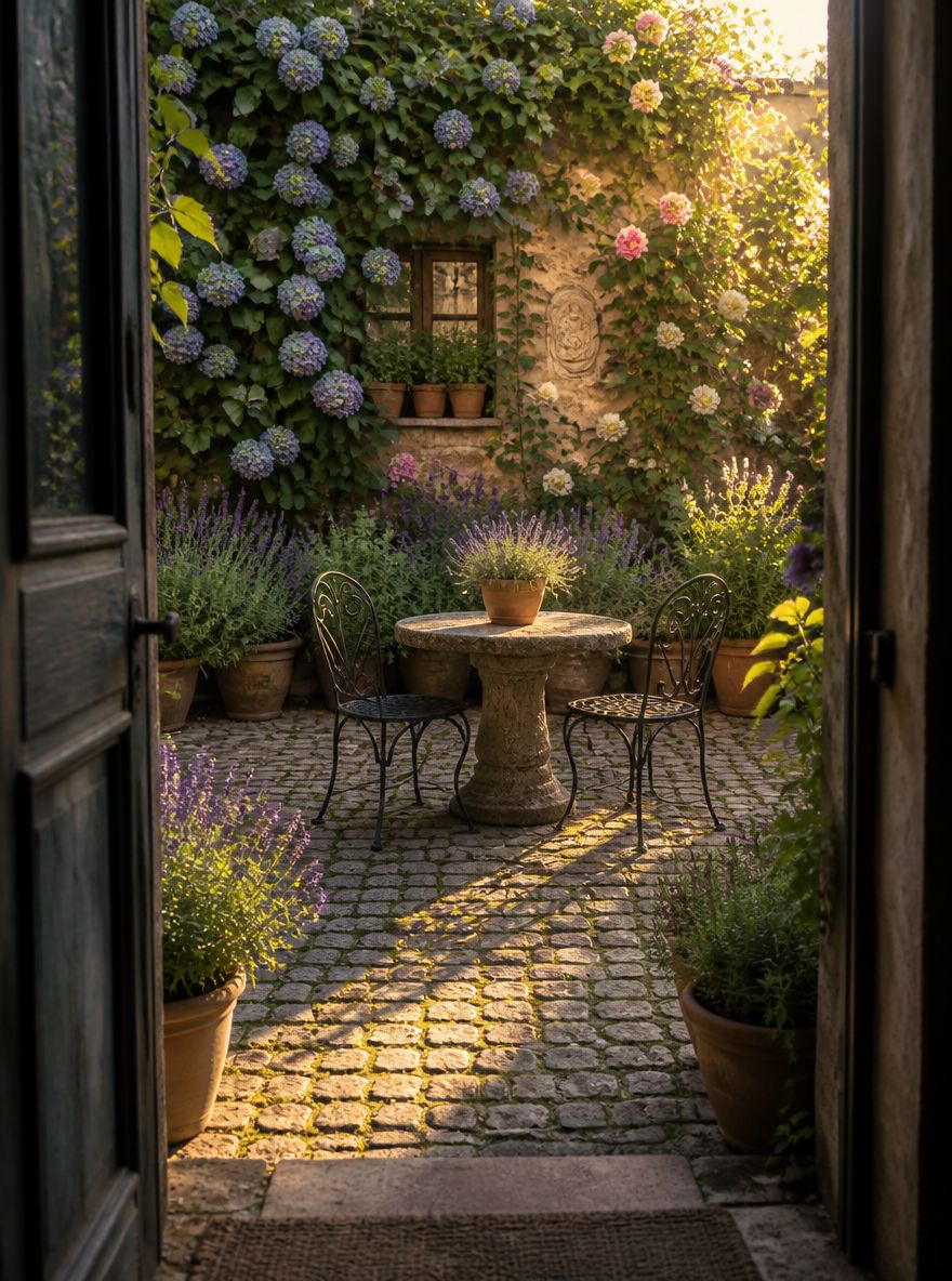 Cortile incorniciato dall'ingresso del cottage