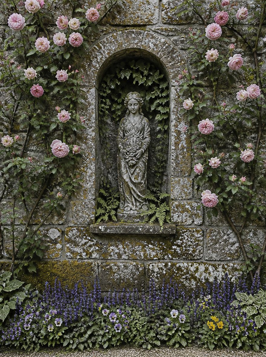 Nicchia in pietra incorniciata da rose addossate al muro