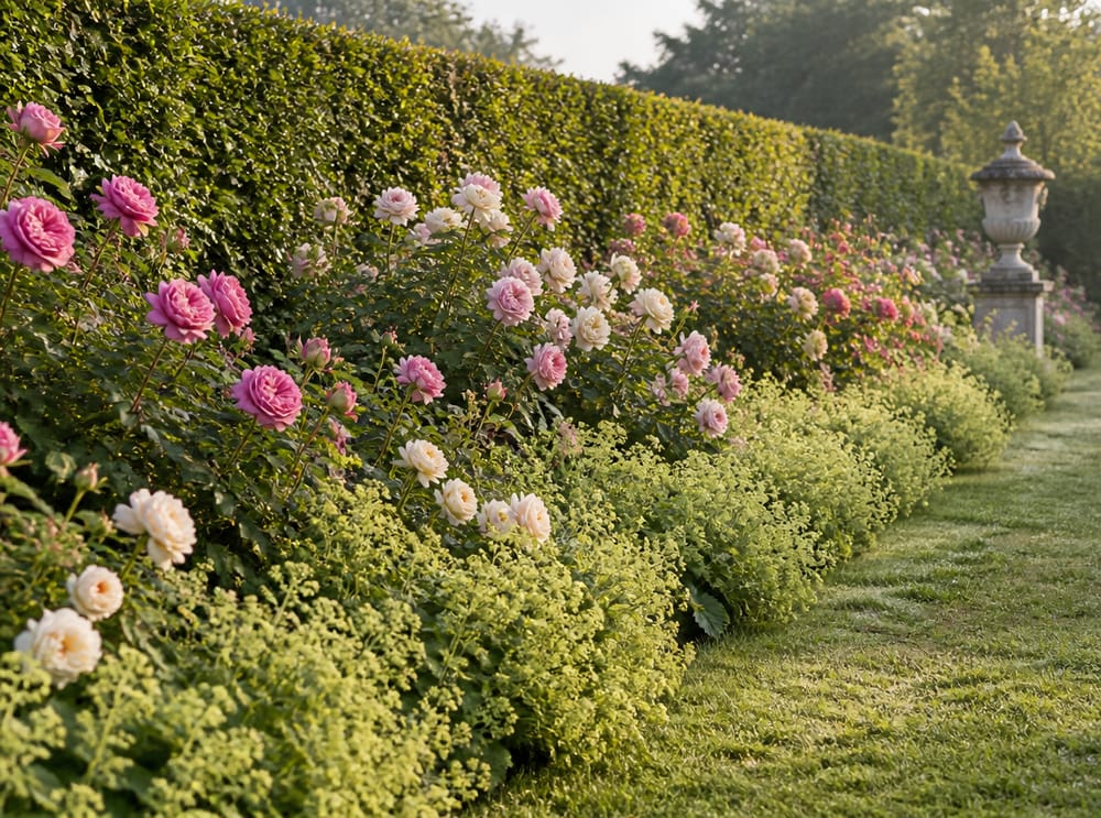 Bordo di rose arbustive lungo siepe di carpino